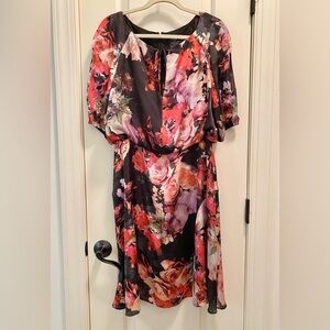 Adrianna Pappell black silk w pink floral dress Never worn size 14 fitted
